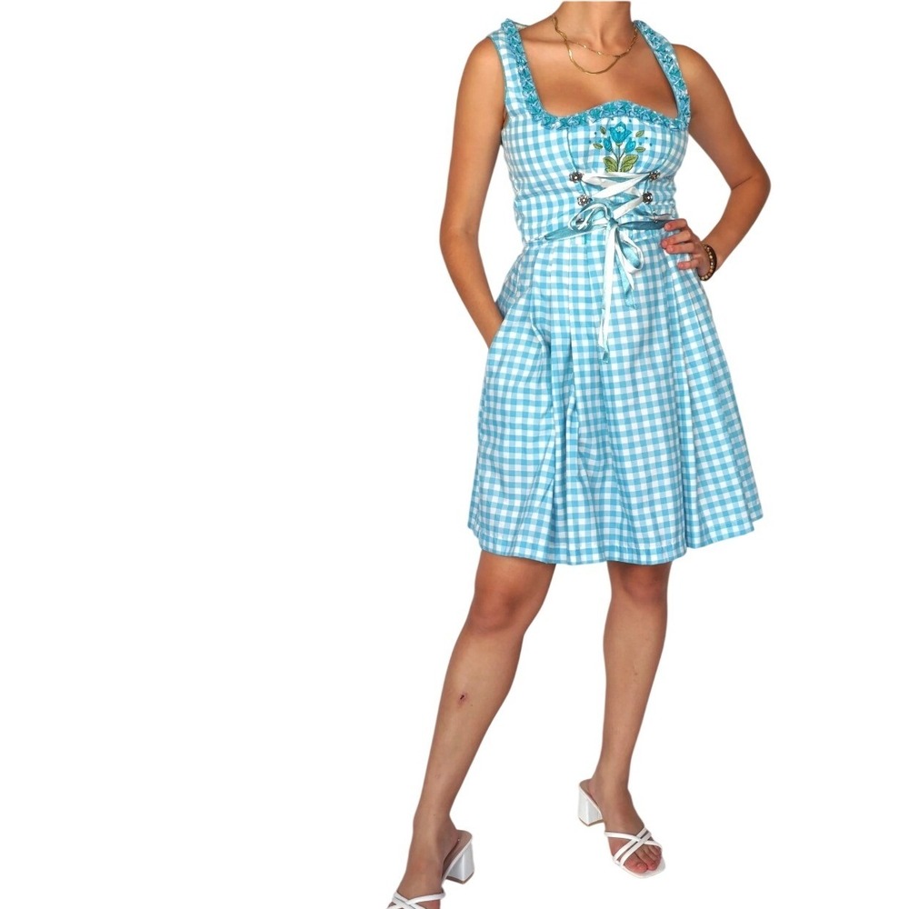 GAUDI NEW Blue Gingham Corset Dirndl Dress Floral Embroidery Pleated Skirt Pocke